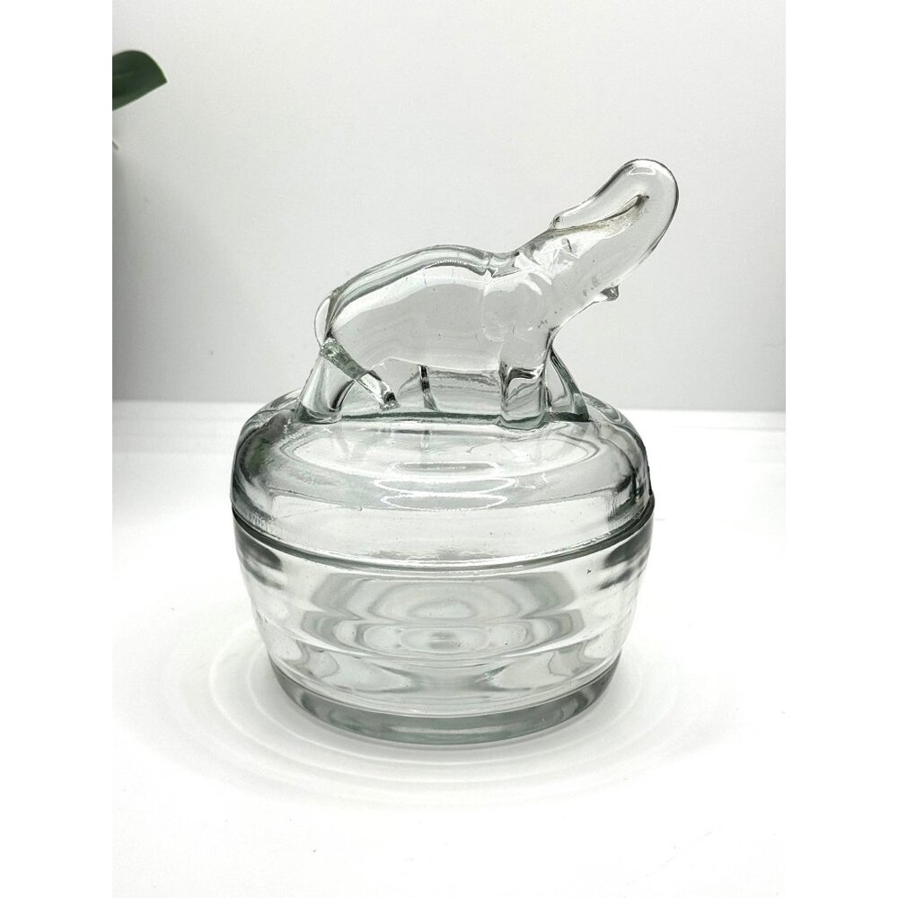 Vintage Jeanette Elephant Crystal Clear Glass Powder Trinket Covered Dish